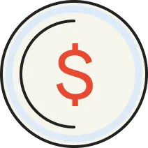 Red dollar sign inside a circular icon with concentric blue and beige rings and a black arc on the left.