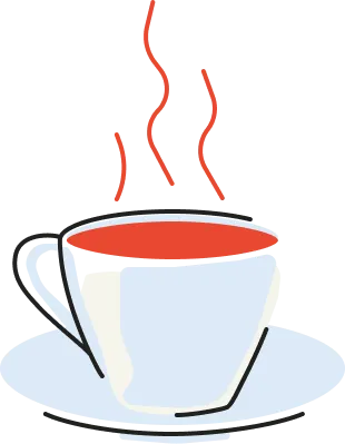Steaming cup of hot tea on a saucer with steam rising above it.