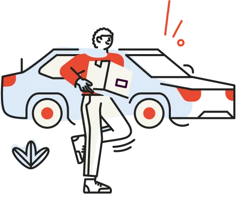 Person carrying a package with a delivery car in the background and an exclamation symbol above.