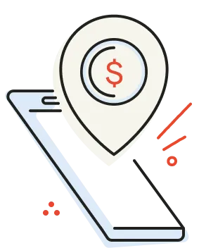 Smartphone with a location pin featuring a red dollar sign symbolizing financial location or offers.