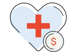 Blue heart with a red medical cross and a dollar sign coin beside it.