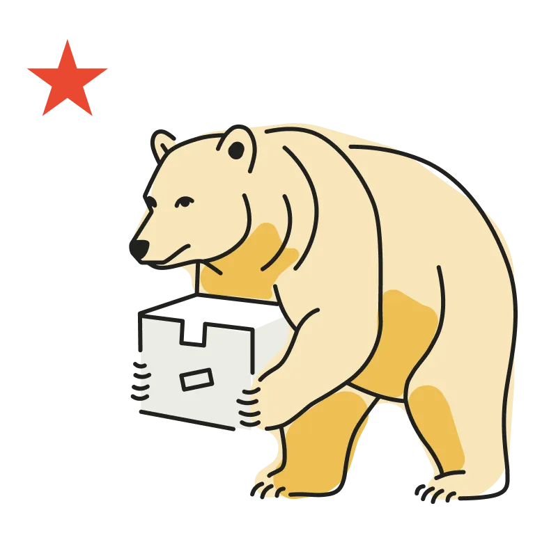 Illustration of a standing bear holding a gray box with a red star above its head.