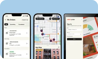 Three mobile screens showing order tracking, map navigation, and a sign-in page for an app.