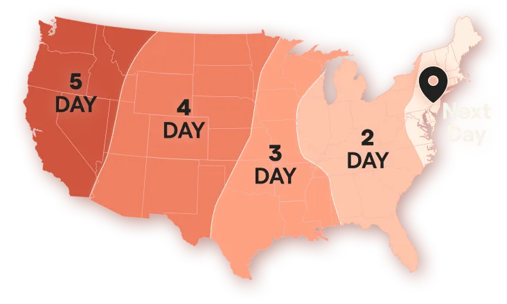 Ground Plus Zero US delivery map, next day to 5 days.
