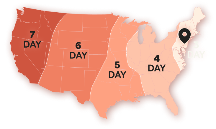 Ground Plus Two US delivery map, 3 to 7 days.