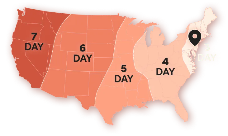 Ground Plus Two US delivery map, 3 to 7 days.