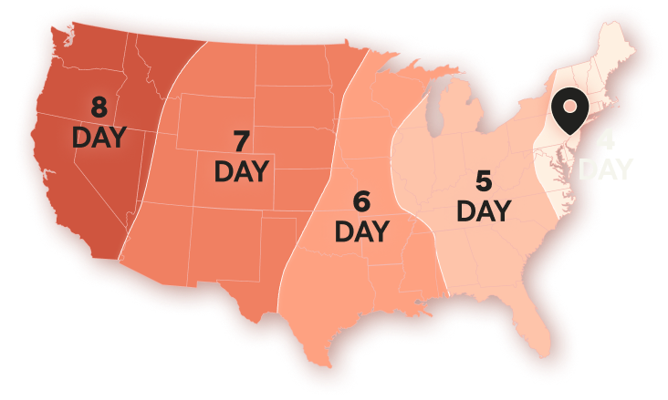Ground Plus Three US delivery map, 4 to 8 days.