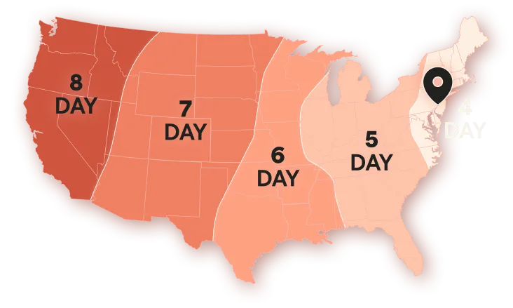 Ground Plus Three US delivery map, 4 to 8 days.