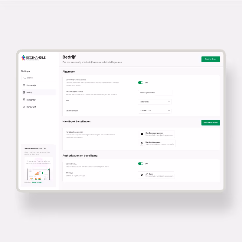 Instellingen pagina in ISO2HANDLE