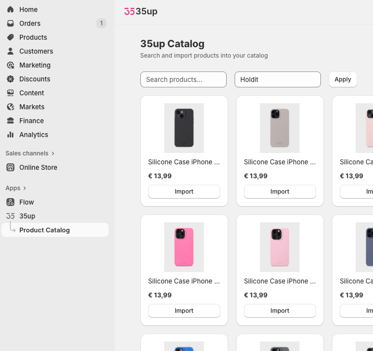 35up Catalog page in shopify admin
