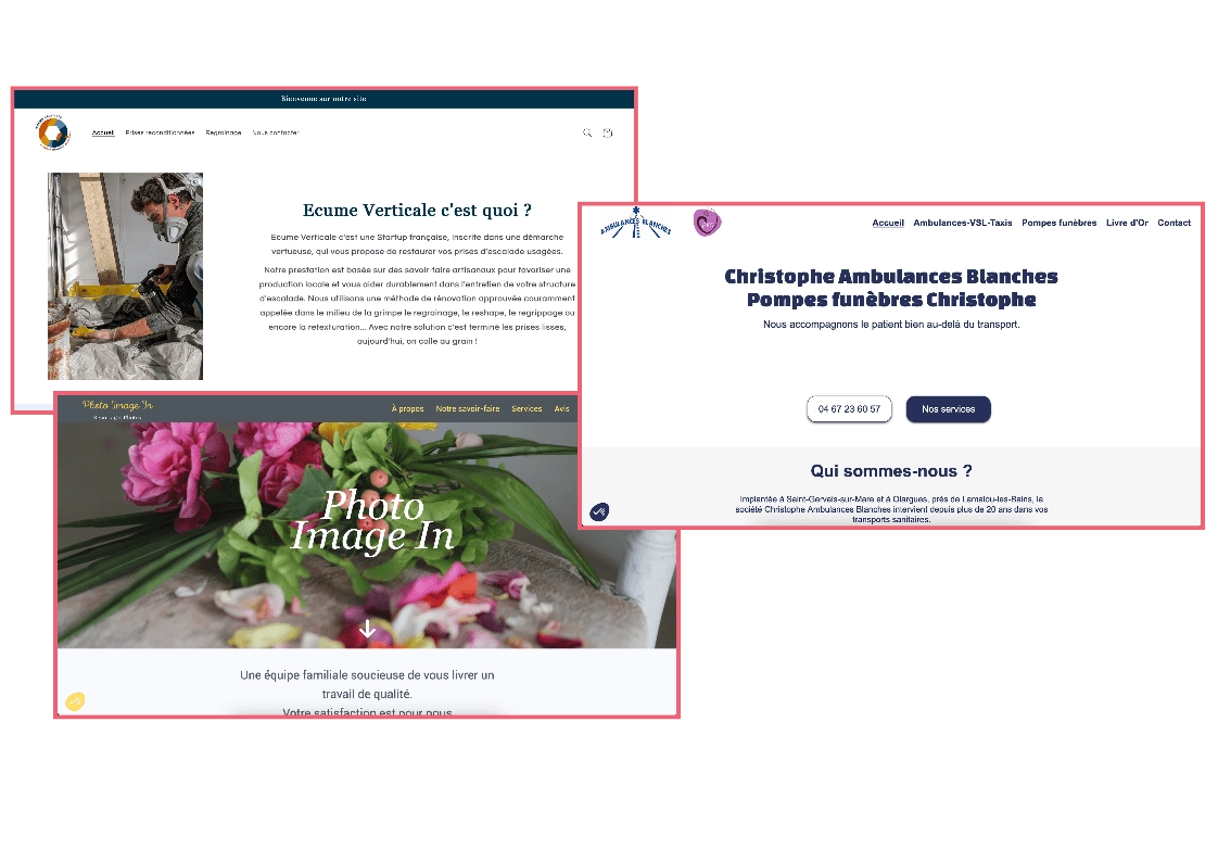 Trois captures d'écran des derniers sites produits par Mikael Pavia