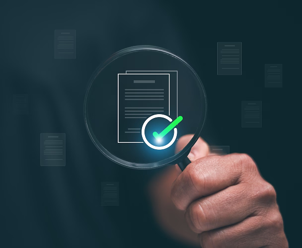 Hand holding a magnifying glass focusing on a document with a glowing green checkmark.