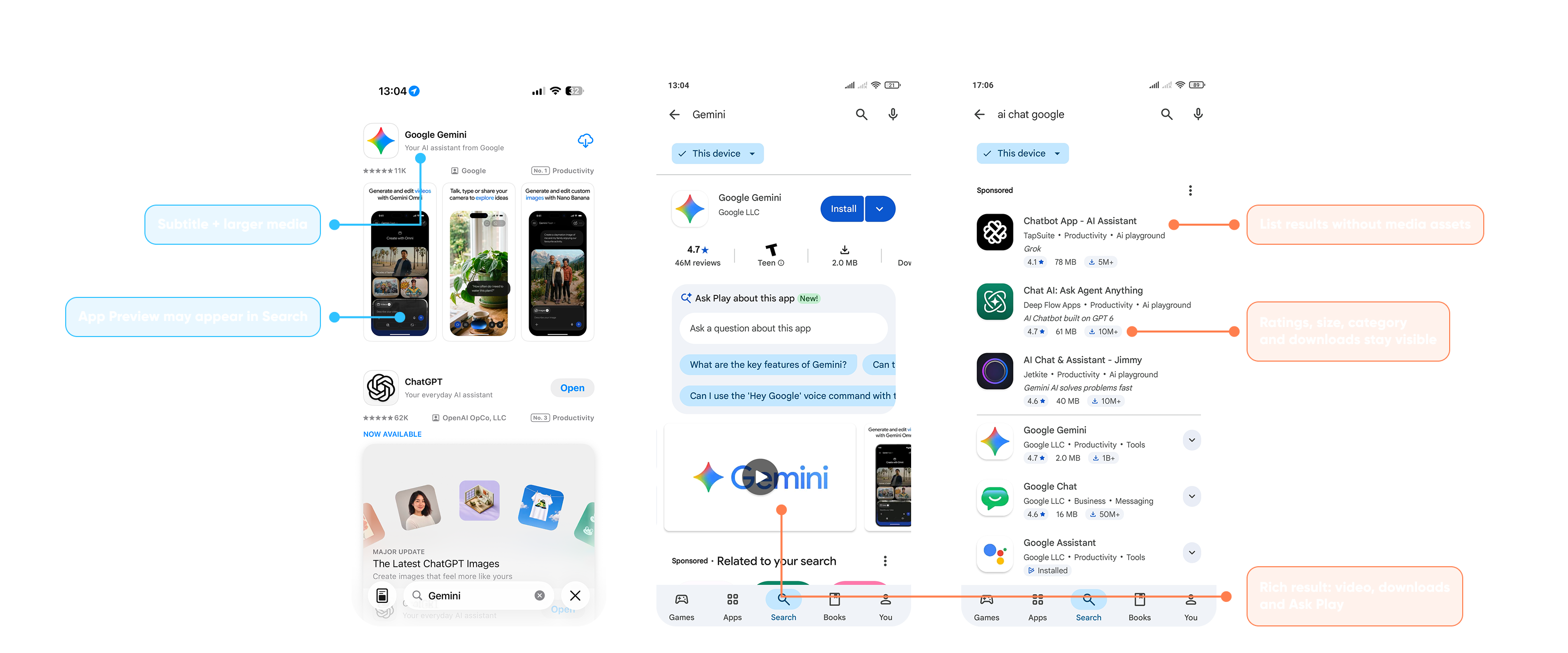 Search results for the same app on the App Store and Google Play, side by side