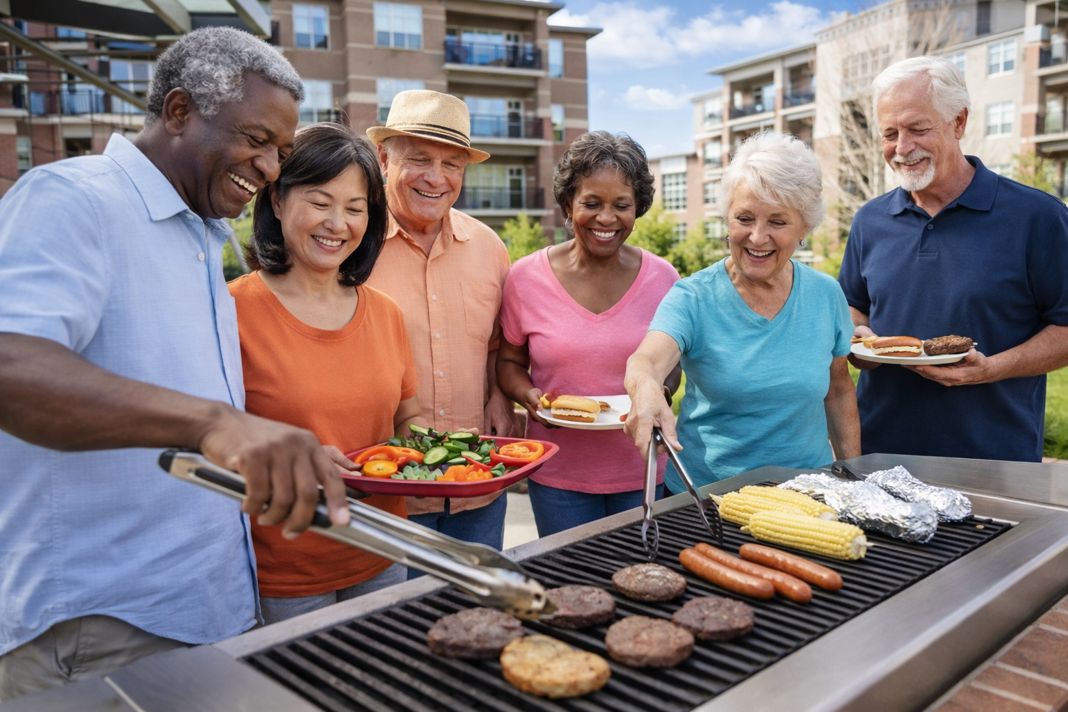 Seniors grilling burgers and veggies on outdoor grill stock image