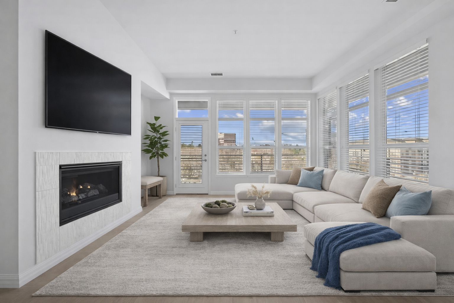 Living area with sofa, coffee table, lamp and large floor to ceiling windows
