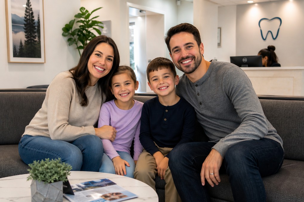 Family of four going to the dentist together in Toronto.