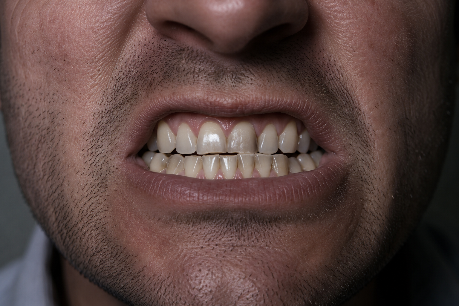 Man wearing down his teeth due to grinding or bruxism