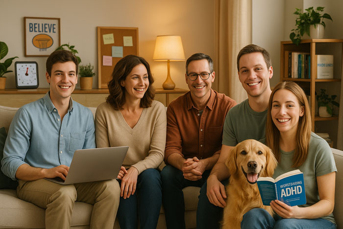 Smiling family with dog sitting together, learning about ADHD support in Saskatoon