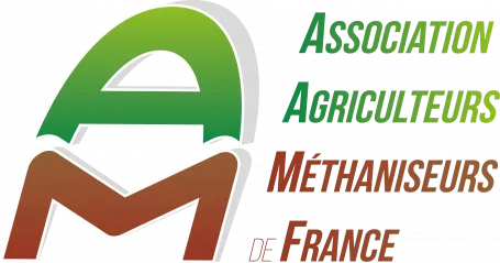 Logo with stylized green letter A above brown letter M and text Association Agriculteurs Méthaniseurs de France in green and brown.