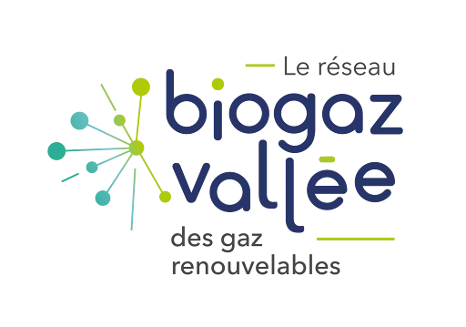 Logo with stylized branching dots and text 'biogaz vallée' and 'VALLEE DU GAIRAUT' below.
