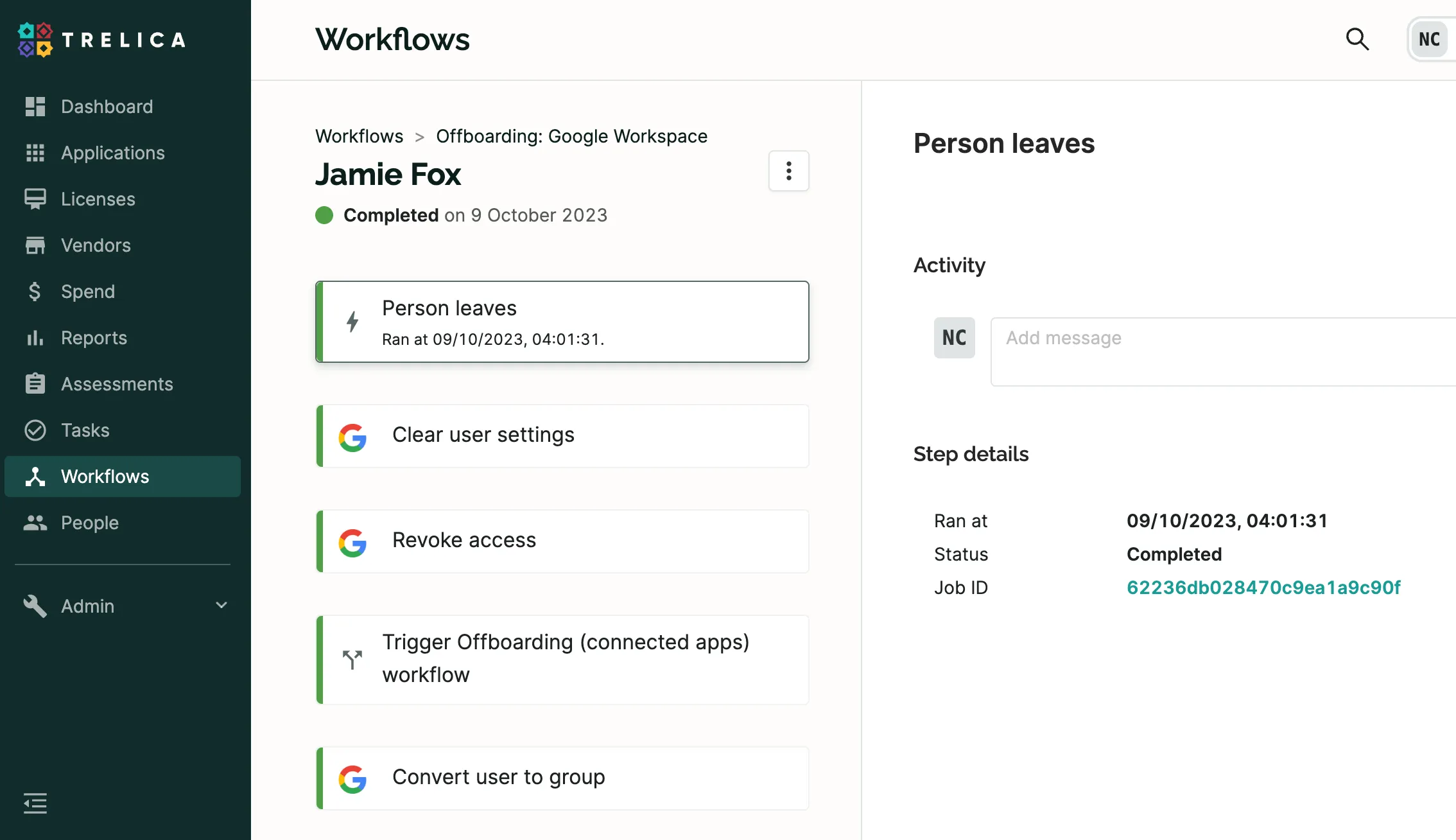 Trelica Google Workspace Offboarding Workflow Run View