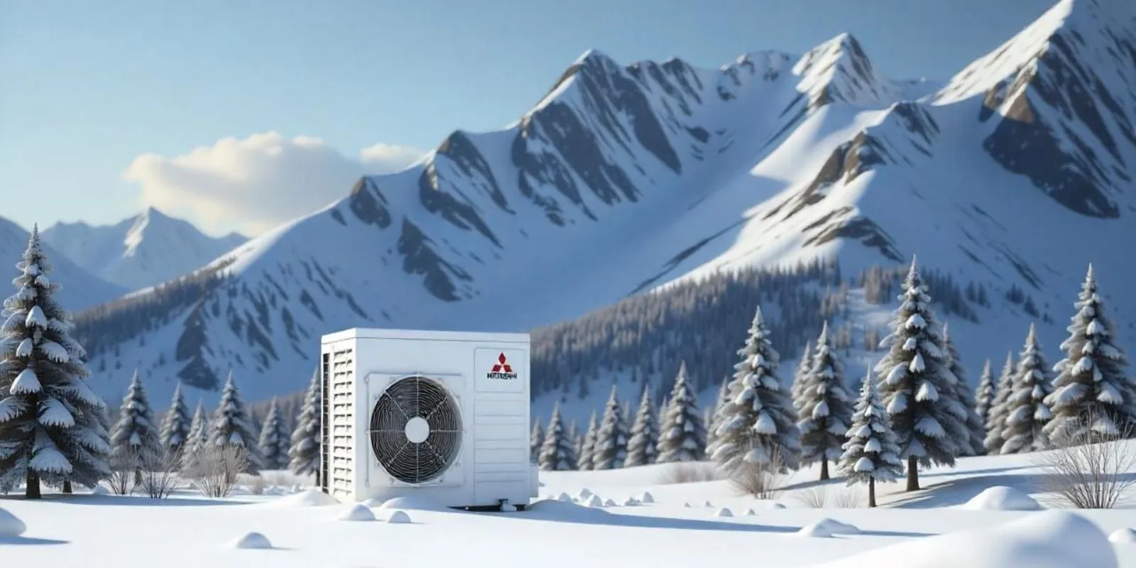 Une pompe à chaleur Mitsubishi blanc dans un champ enneigé avec des montagnes en arrière-plan, paysage hivernal, neige qui tombe. 