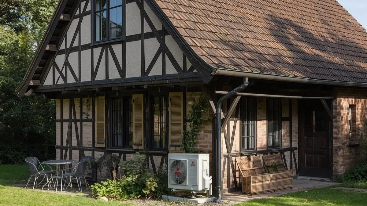 Maison ancienne alsacienne équipée d'une pompe à chaleur Mitsubishi