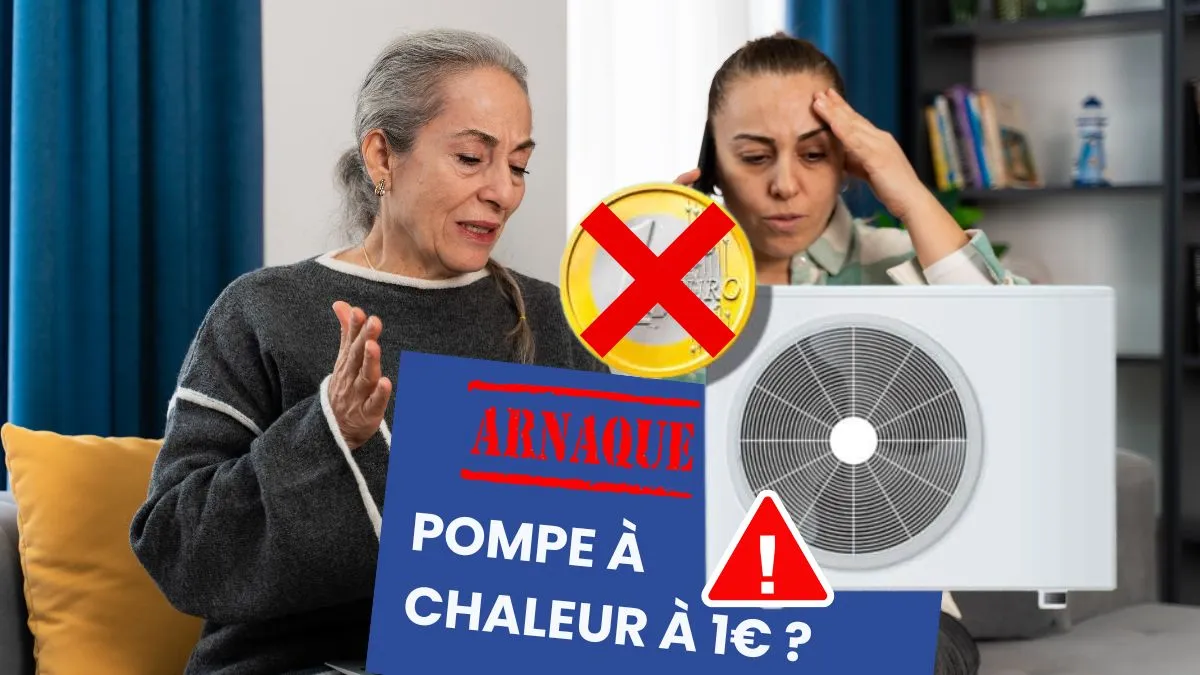 2 femmes victimes d'une arnaque. Texte avec écrit POMPE A CHALEUR 1 € ARNAQUE. et visuel d'une pompe à chaleur
