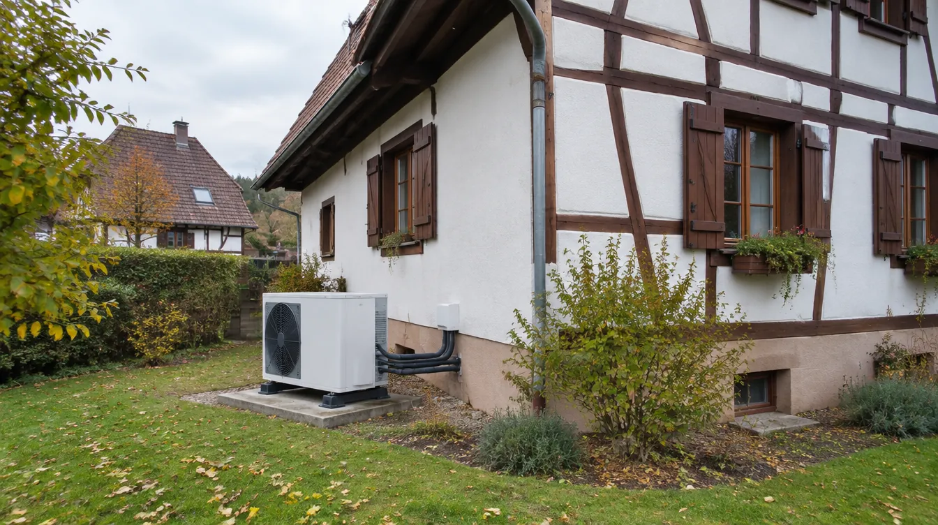 Leasing social pompe à chaleur air-eau installée devant une maison en Alsace