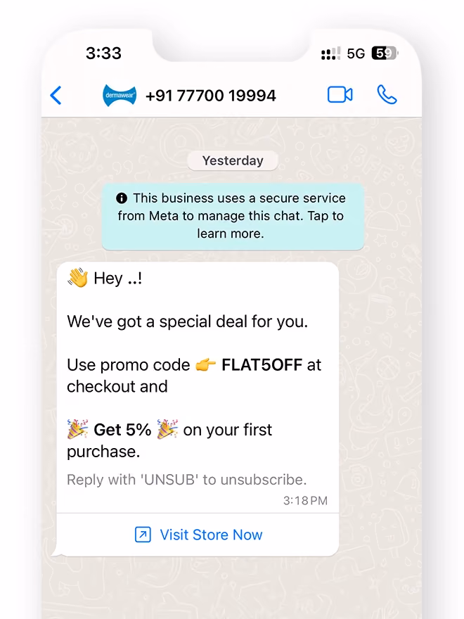 Dermaware Welcome Popup WhatsApp Message