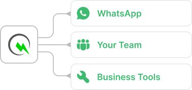 Diagram of QuickReply connecting WhatsApp chats to team dashboard and integrations