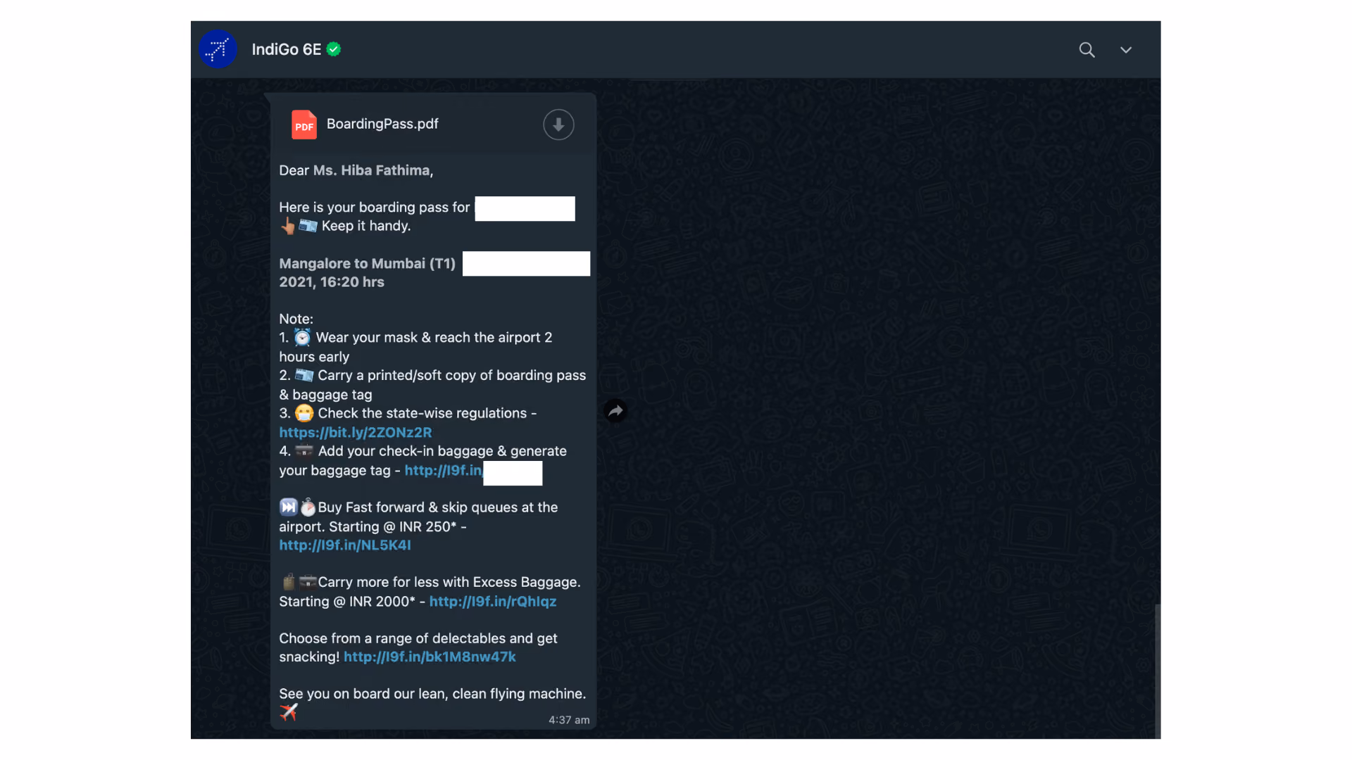 IndiGo - Necessary Information Messages
