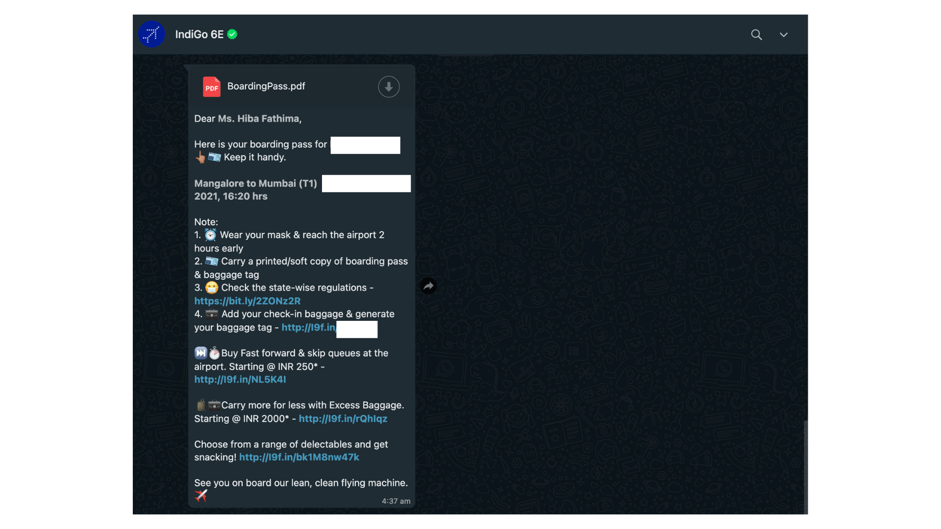 IndiGo - Necessary Information Messages