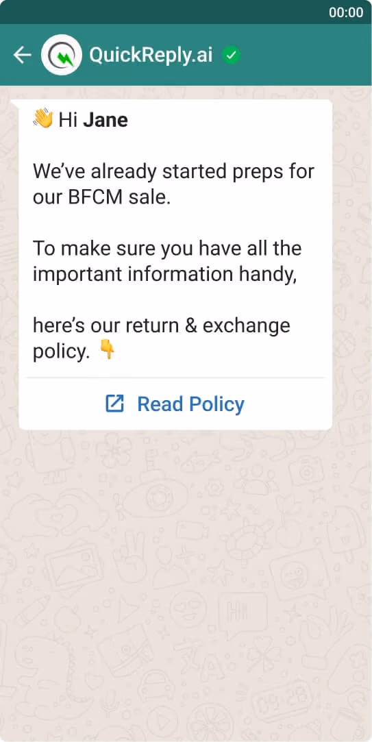 bfcm return and exchange policy whatsapp message