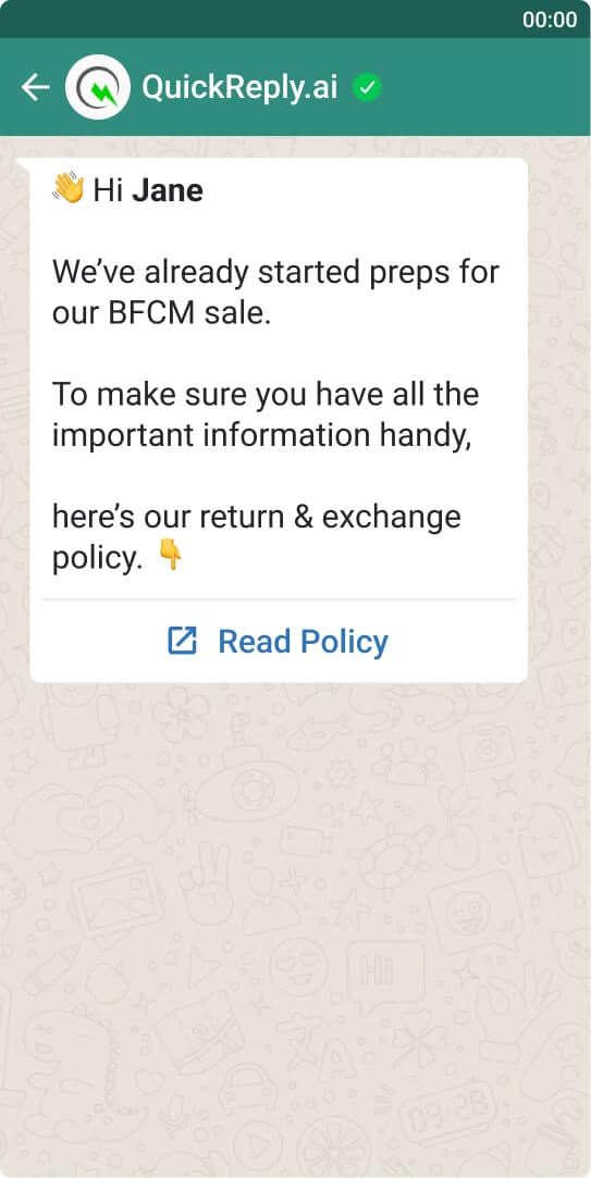 bfcm return and exchange policy whatsapp message