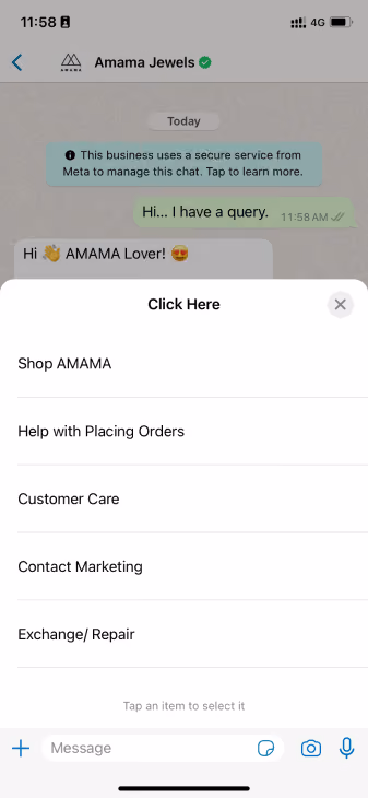 Amama Jewels WhatsApp Chatbot Click Here Button Sequence