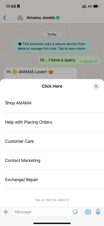 Amama Jewels WhatsApp Chatbot Click Here Button Sequence