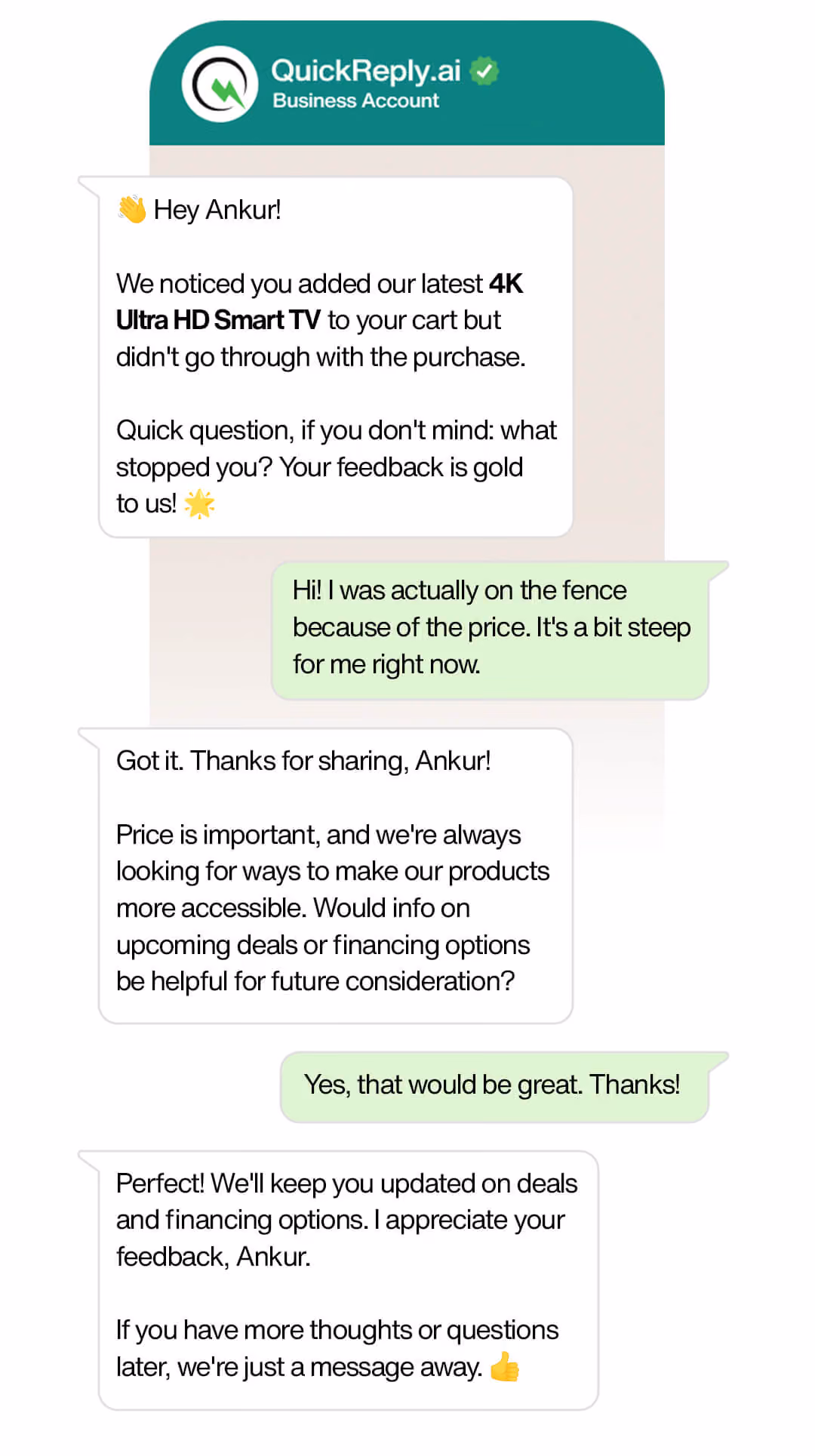 D2C Brands collecting feedback on WhatsApp example flow for Add-to-Cart abandonments via WhatsApp
