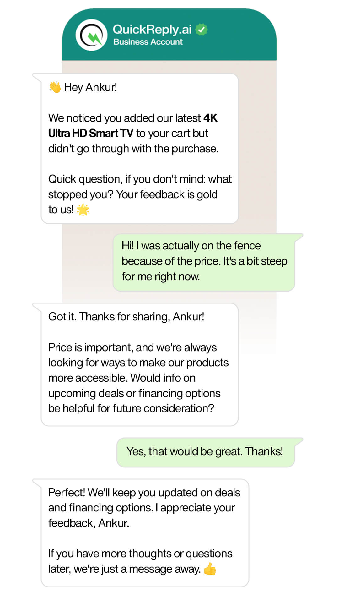 D2C Brands collecting feedback on WhatsApp example flow for Add-to-Cart abandonments via WhatsApp