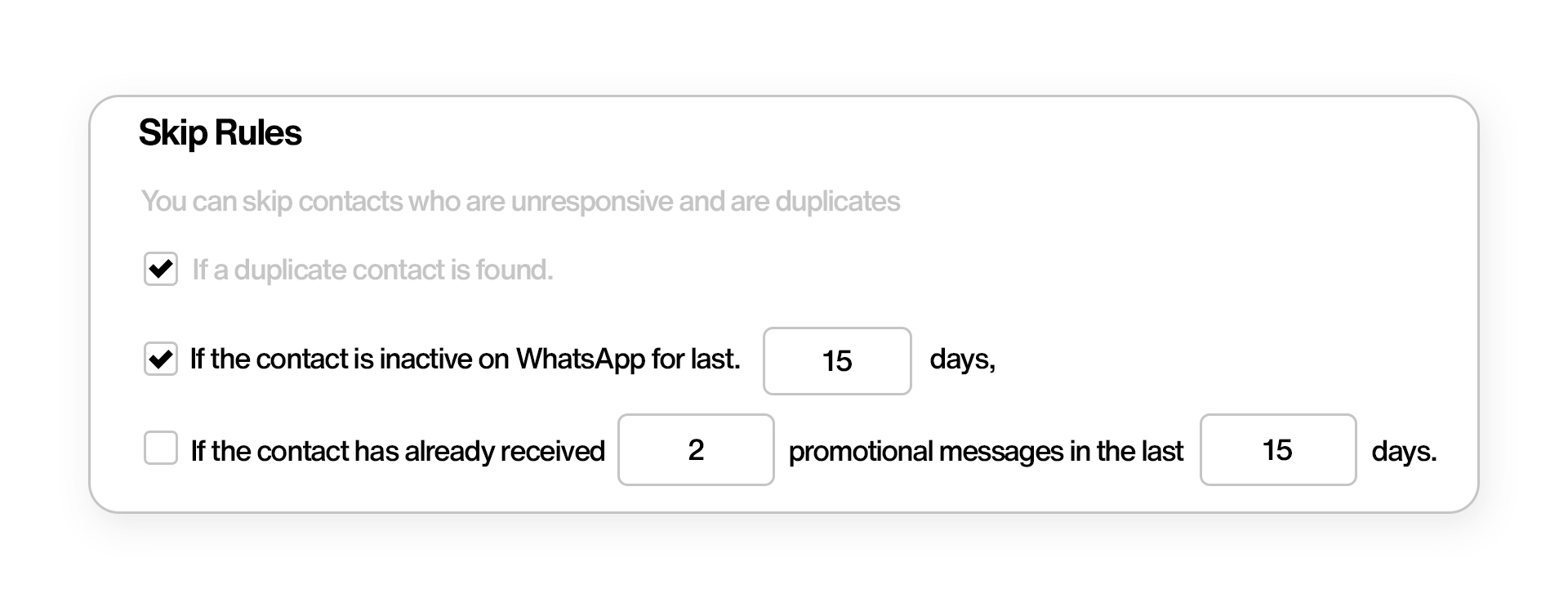 Amama Jewellery Black Friday 2023 WhatsApp Broadcast Skip Rules Configuration Screenshot