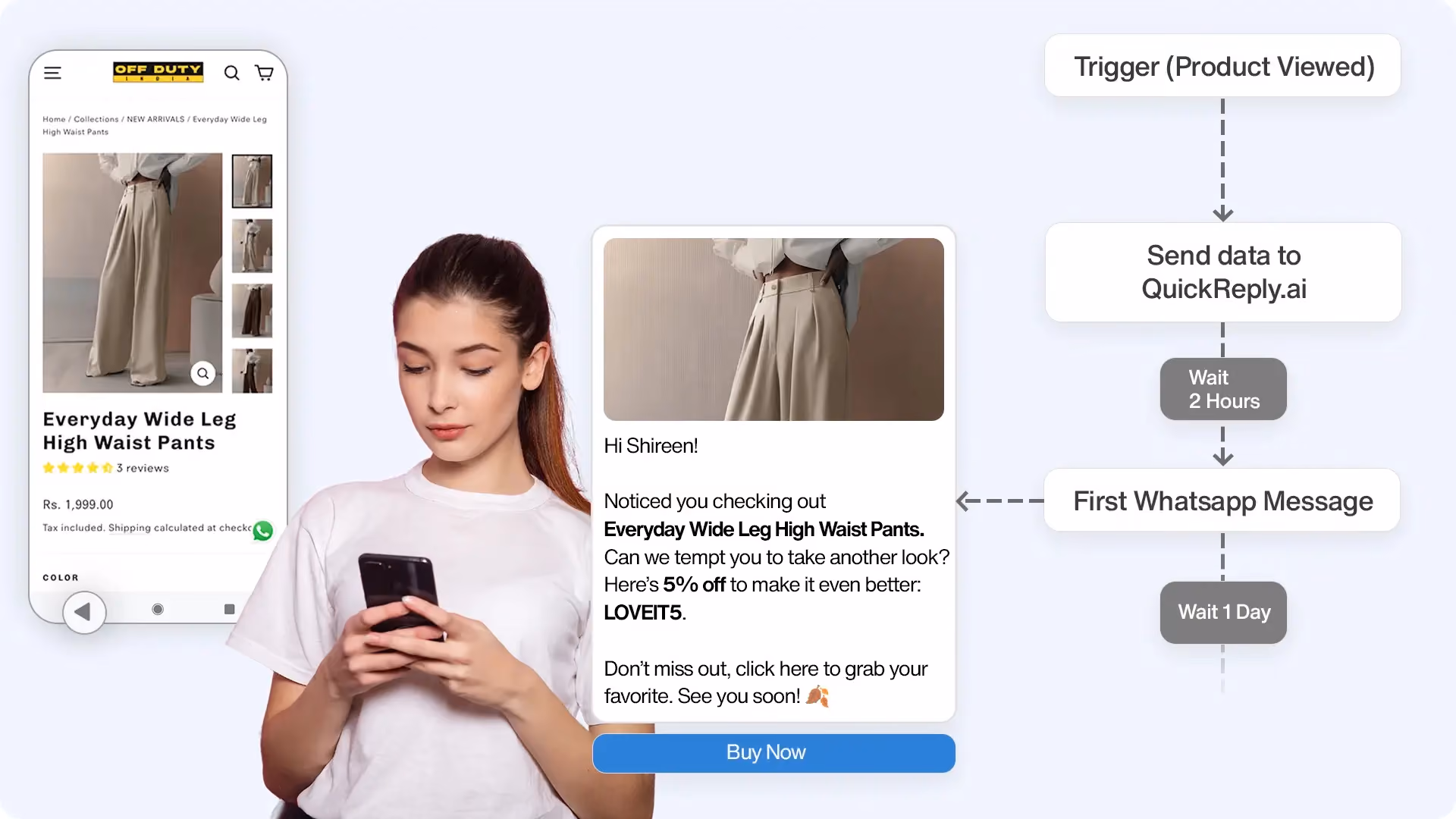 Klavyio Product abandonment sequence triggered over WhatsApp via sending data to QuickReply