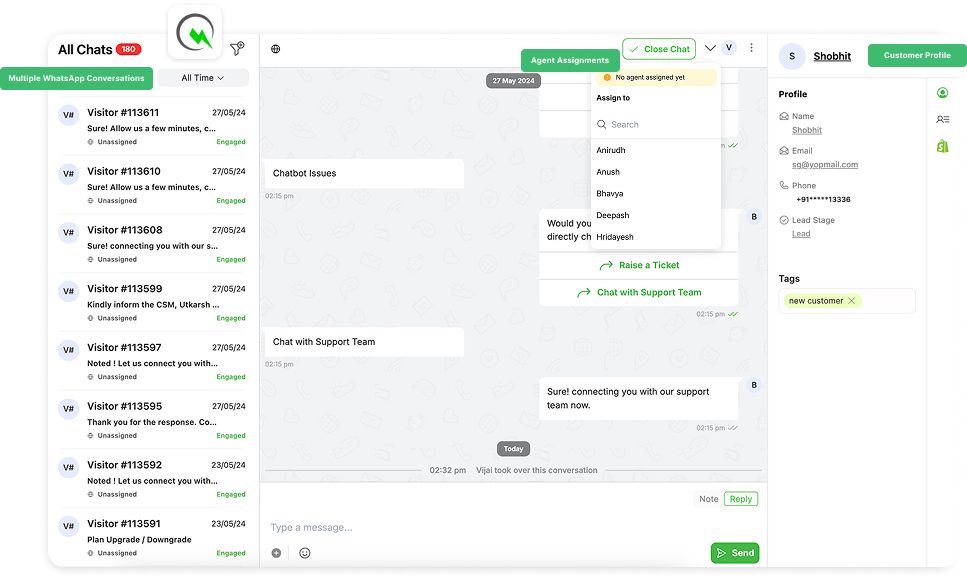 QuickReply dashboard with live WhatsApp chats, customer details, and agent assignment