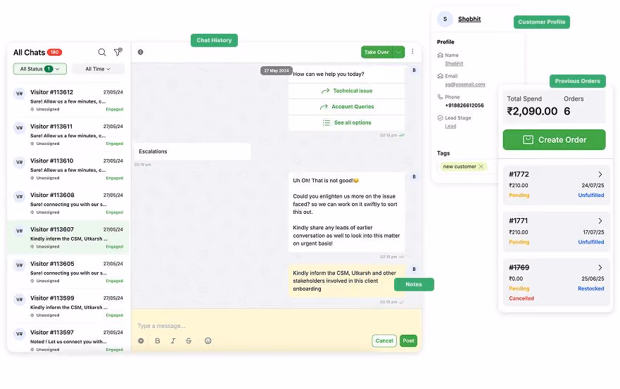 Customer profile displaying chat history and order details for a seamless support experience