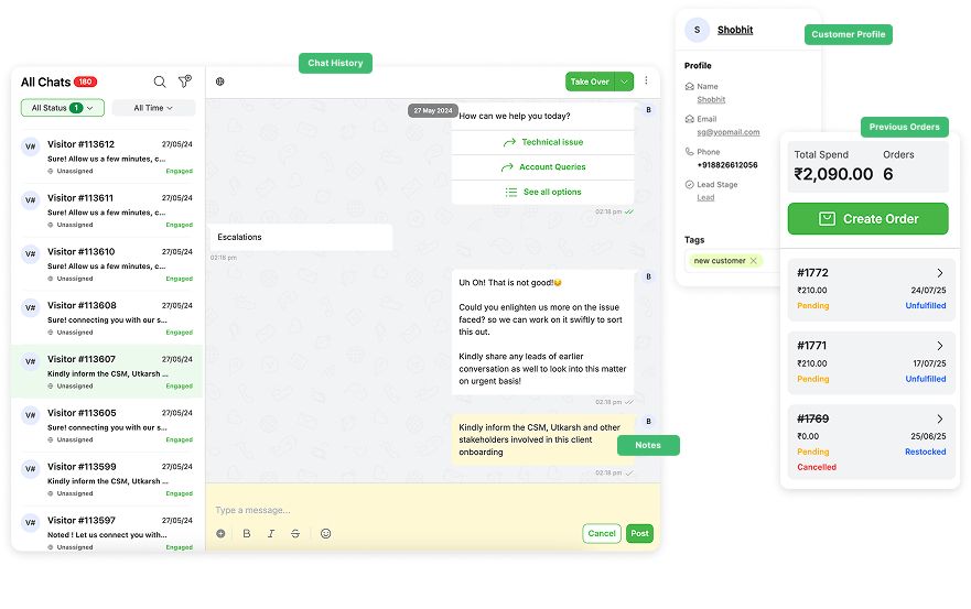 Customer profile displaying chat history and order details for a seamless support experience