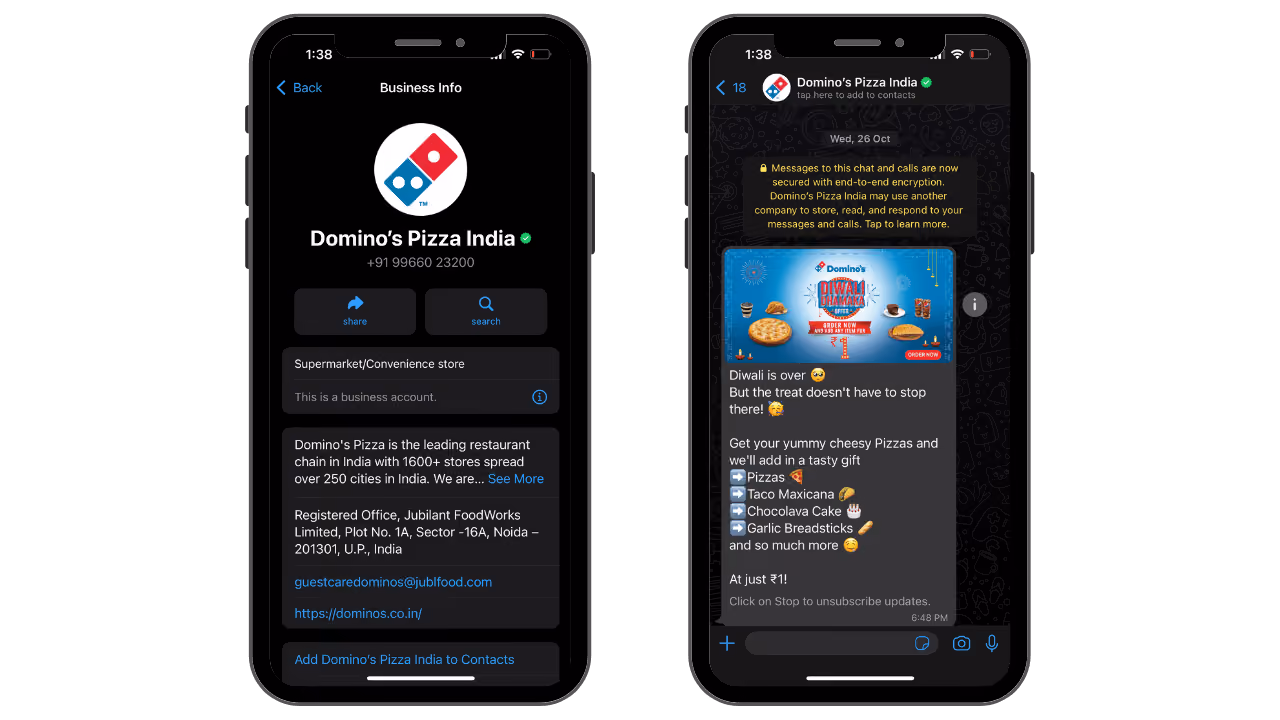 Domino's Pizza India WhatsApp Account