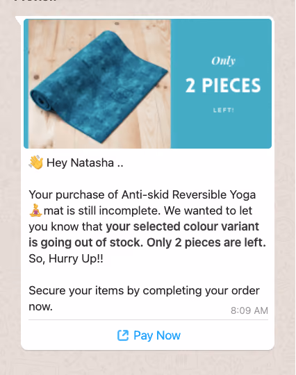 whatsapp abandoned cart recovery Shopify - FOMO around inventory