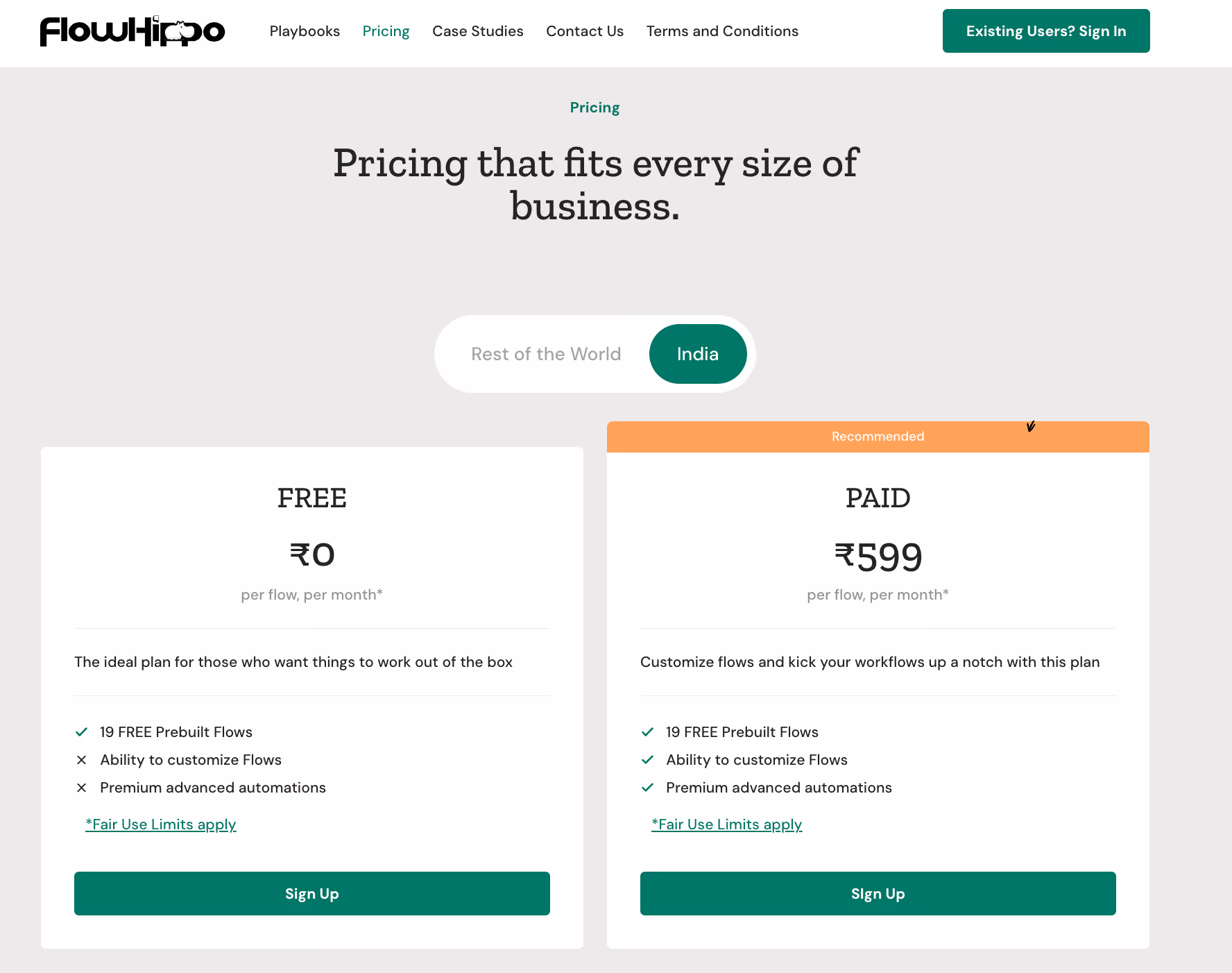 FlowHippo Pricing Plan Screenshot - INR