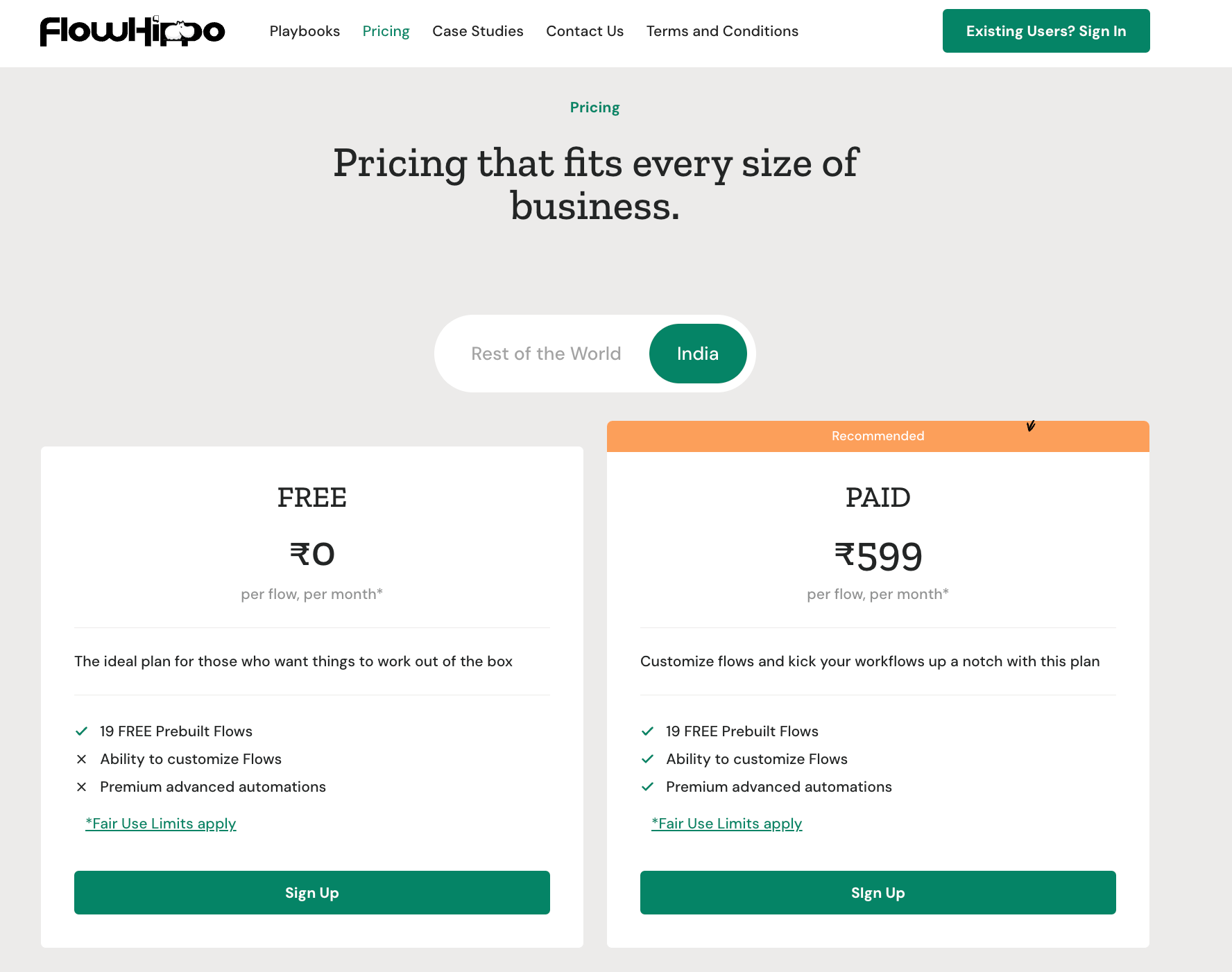 FlowHippo Pricing Plan Screenshot - INR
