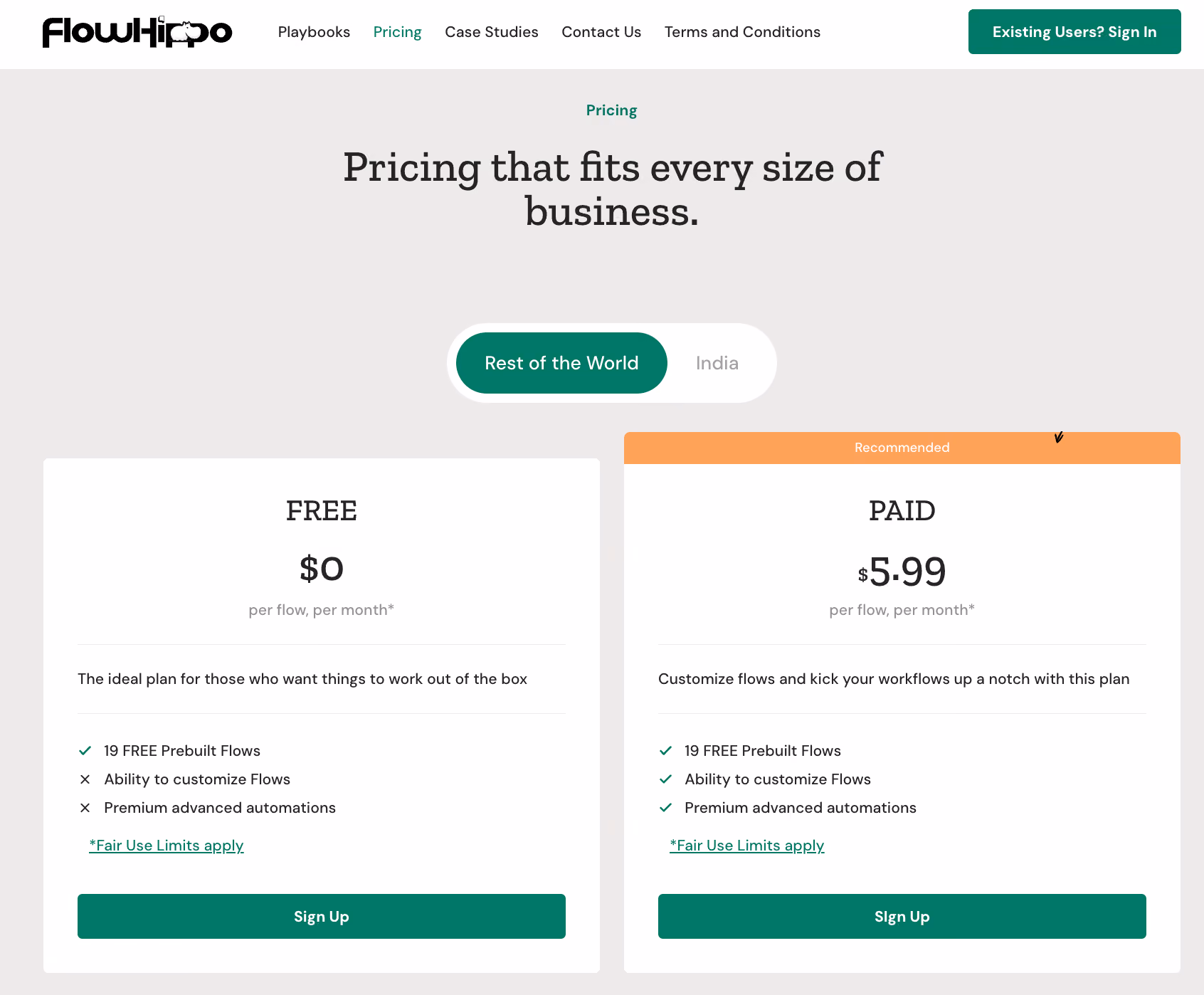 FlowHippo Pricing Plan Screenshot - USD