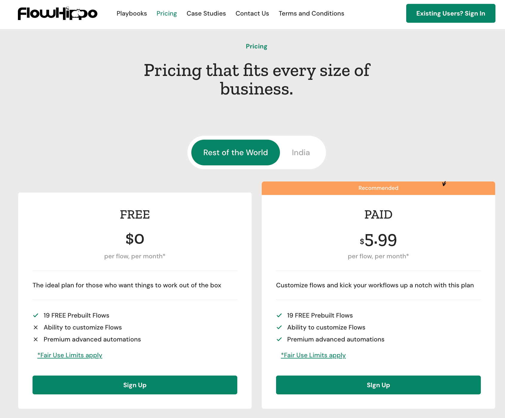 FlowHippo Pricing Plan Screenshot - USD
